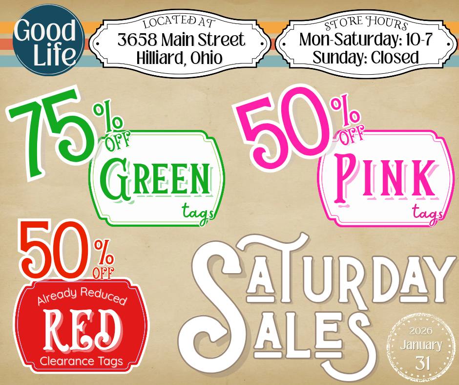Black Friday & Saturday Sales. 50% off green, 50% off blue, 75% off yellow, 50% off red.